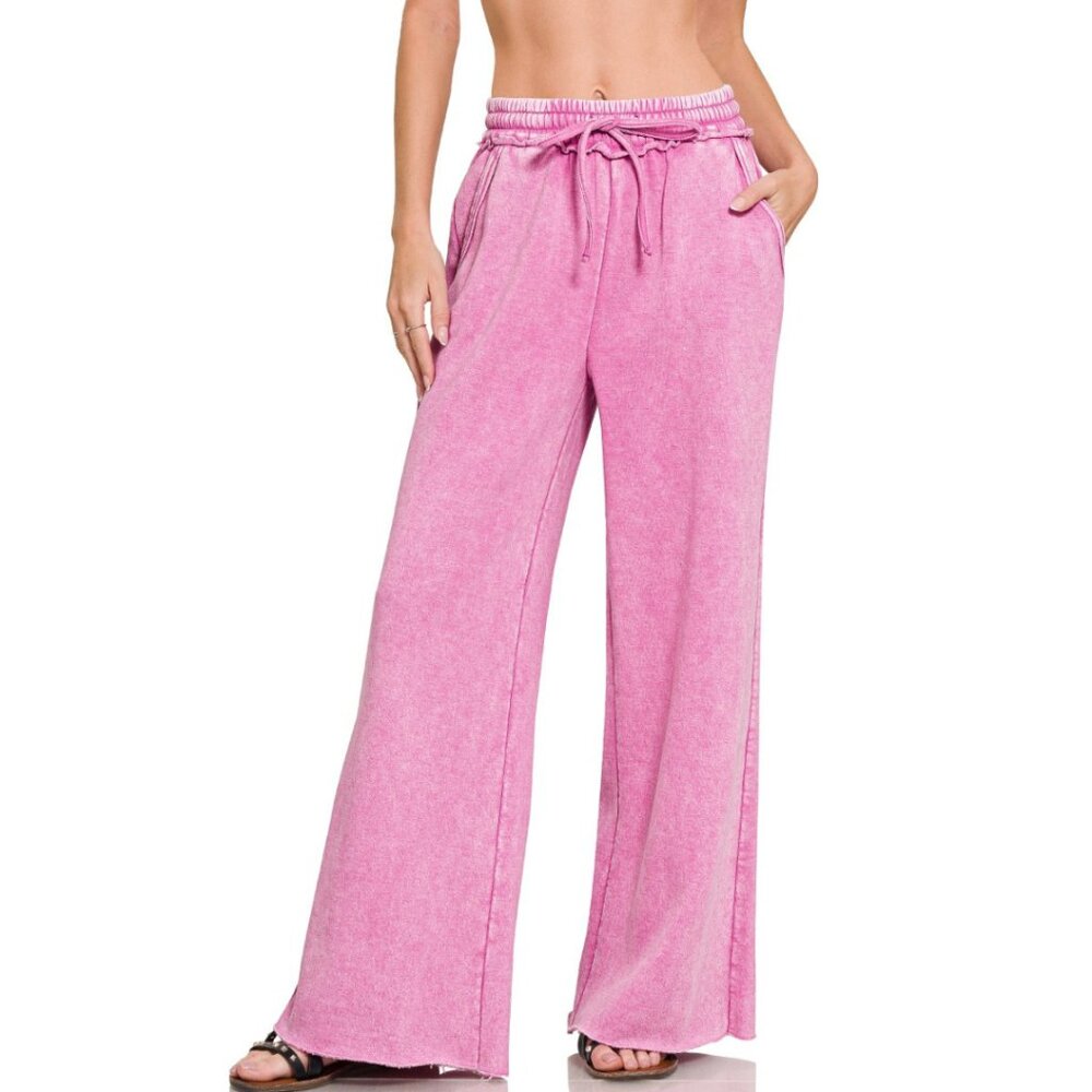 ZENANA Pink Acid Wash Palazzo Pants Wide Leg Soft Textured Fit NWT